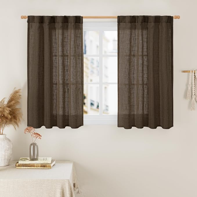 40 Inch Length Linen Curtains for Small Windows Over Silk 2 Panels | Semi Sheer by LAMIT