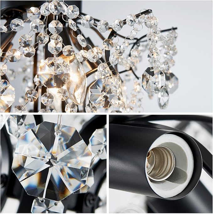 WUZUPS 5-Light Crystal Chandelier Flushmount Ceiling Light Modern Lighting Fixture for Bedroom Hallway Bar Kitchen Bathroom, H 12" W 15.4", E12 Base, Black
