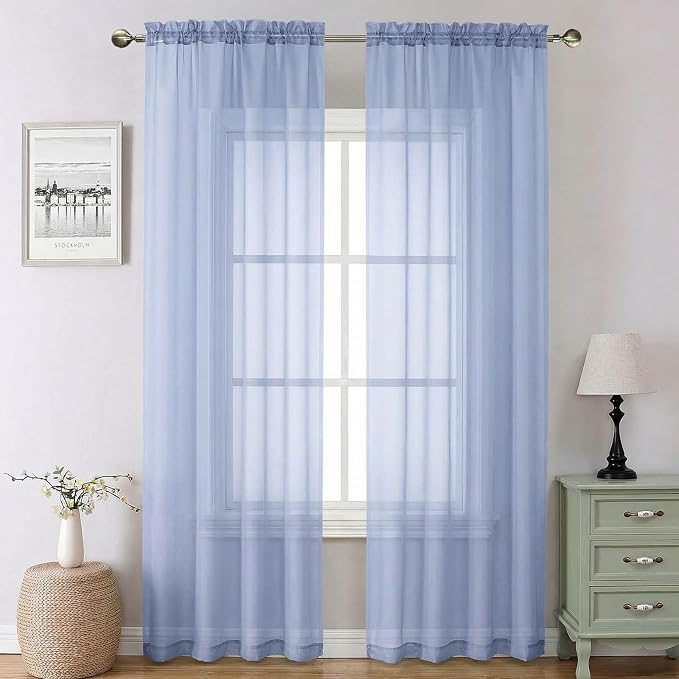 Denim Blue Sheer Curtains 90 Inches Long 2 Panels, Voile Rod Pocket Light by Lecloud