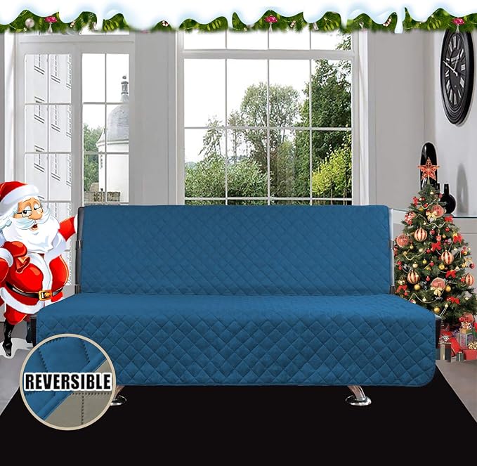 Easy-Going Reversible Couch Cover, Large Futon Sofa, Peacockblue/Beige | - Image 2