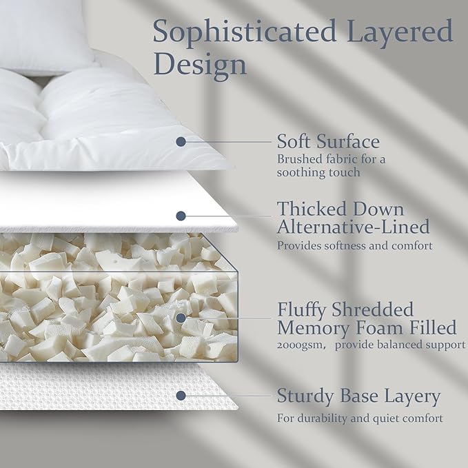 WhatsBedding 5 Inch Memory Foam Mattress Topper Full for Pressure Relief, 100% Cotton Cover, Comfort Supportive Pillow Top Mattress Topper, 2000GSM Fluffy Shredded Memory Foam Filled