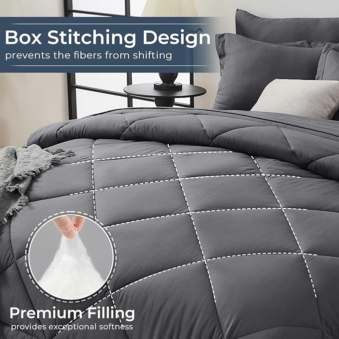 HEVUMYI Twin-XL Comforter Set - 5-Piece All Season Bed in a Bag Twin-XL, Ultra Soft Bedding Set with Comforter, Flat Sheet, Fitted Sheet, Pillowcases, Pillow Shams, Dark Grey