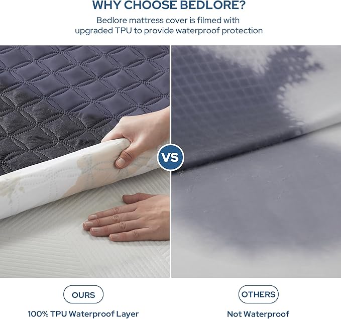 BEDLORE Waterproof Mattress Protector, Twin XL Size Noiseless Mattress Pad with Deep Pocket 6"-15" Depth, Soft Breathable Bed Mattress Cover Washable for Home, Bedroom, Hotel (Navy Blue)