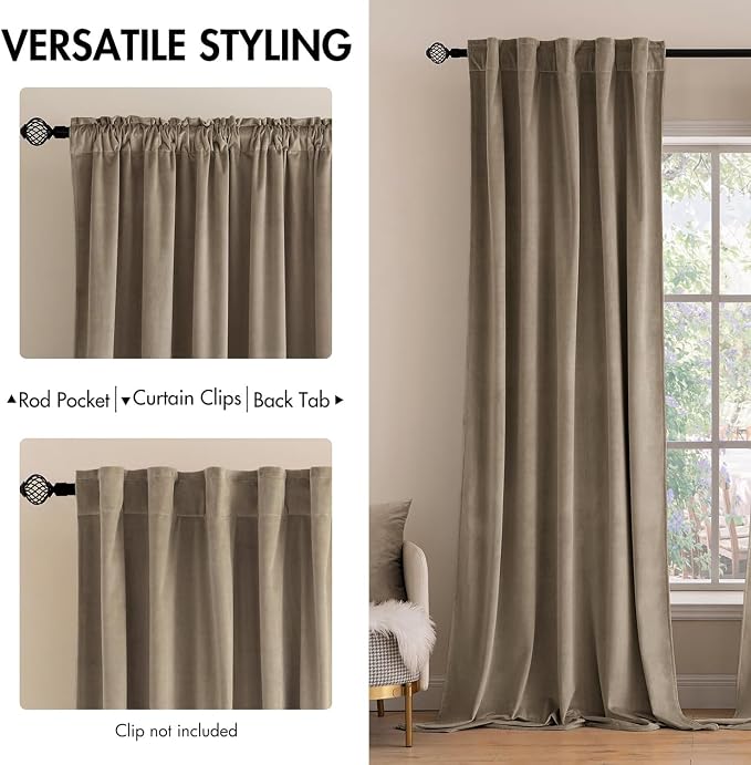 MIULEE Velvet Curtains 52x108 inches 2 Panels Light Taupe Blackout Curtains | - Image 2