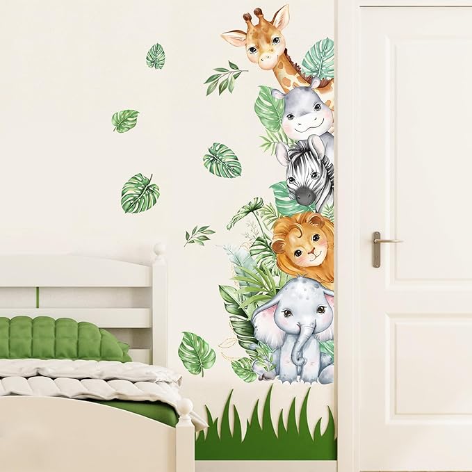 Watercolor Jungle Animal Wall Decals, SUNOYAR Forest Animal Wall Stickers for Kids Boys, DIY Elephant Lion Giraffe Zebra Cow Animals Mural Decor for Bedroom Bathroom Wall Door Game Rooms Daycare
