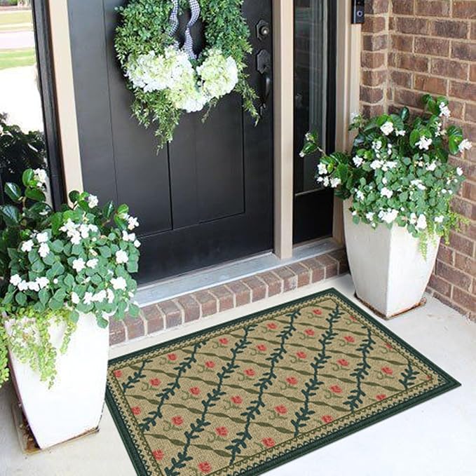 Front Door Mat Outside Entrance, 2x3 Green Brown Floral Trellis Rug | Non-Slip - Image 4