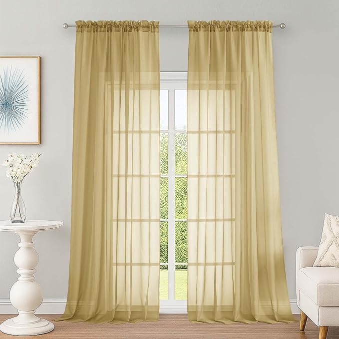 Extra Long Gold Sheer Curtains 96 Inches Long 2 Panels Set, Soft Lightweight by OWENIE