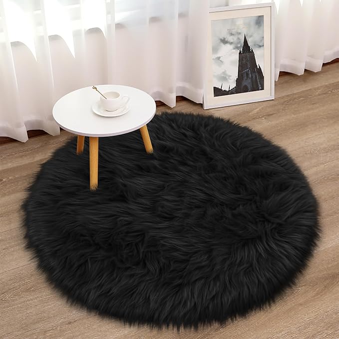 Black Round Rug for Bedroom, Fluffy Circle Rug 3 3 Feet for Kids Room, Furry - Image 8