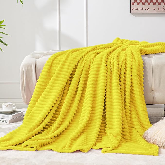 BEDELITE Ribbed Jacquard Yellow Fleece Throw Blanket - Image 7