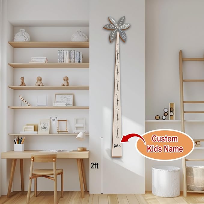 Personalized Growth Chart for Wall, Wooden Height Chart for Kids, Cute Height Measurement for Child/Girls/Boys, Baby and Toddler's Playroom/Kid's Room/Nursery Decor, Coconut Tree