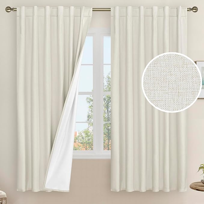 100% Blackout Natural Polyester Curtains, 63 Inches Linen Textured Thermal by LAMIT
