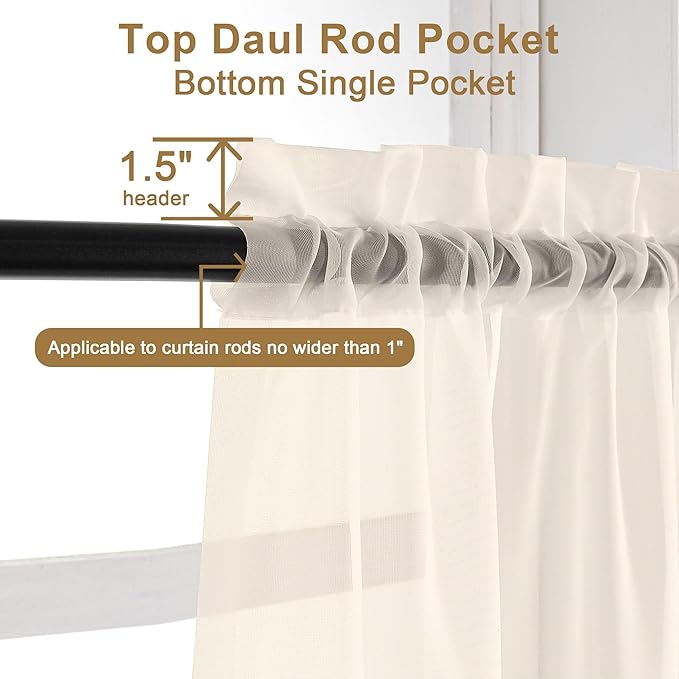 Chyhomenyc Cream Sheer Curtains 84 Inches Long 2 Panels | Light Filtering - Image 5