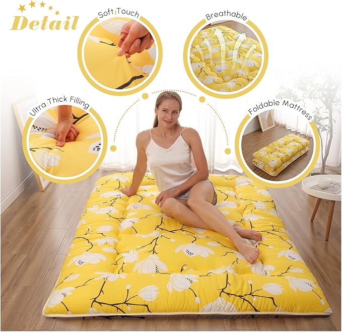 Japanese Floor Mattress, Futon Mattress with Portable Storage Bag and Washable Cover, Roll Up Thick Tatami Mat Suitable for Camping, Guest Room, Yellow Flower, Twin