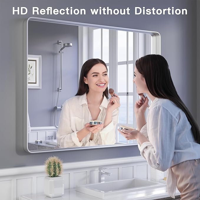 ISKM Silver Framed Mirror for Wal Bathroom Mirror for Wall 48" x 40" Matte Framed Vanity Mirror Anti-Rust, Tempered Glass, Rounded Rectangle Mirror(Horizontal/Vertical)