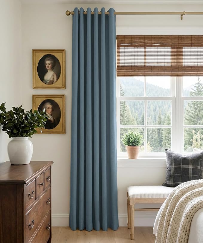 100% Blackout Linen Textured Curtains 84 Inch Long, Stone Blue | 100% Blackout - Image 2