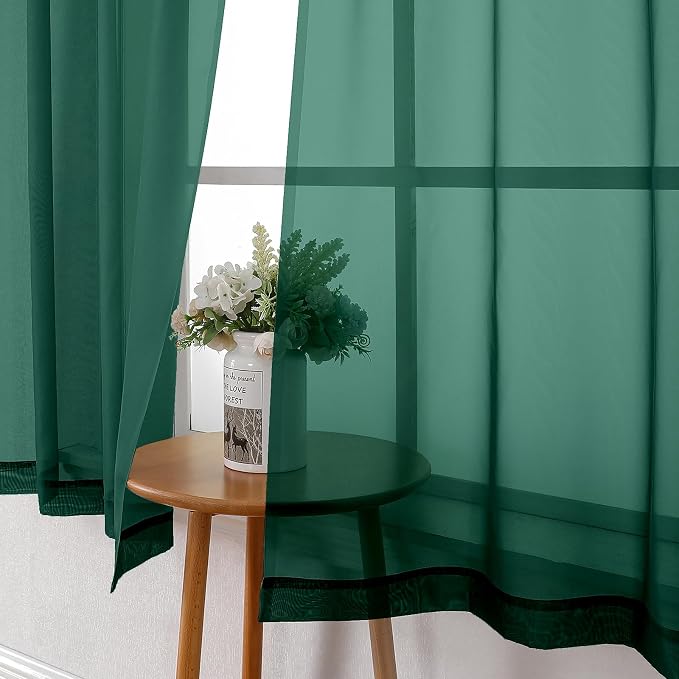 Hunter Green Sheer Curtains 63 Inch Length 2 Panels Set, Voile Solid Window - Image 4