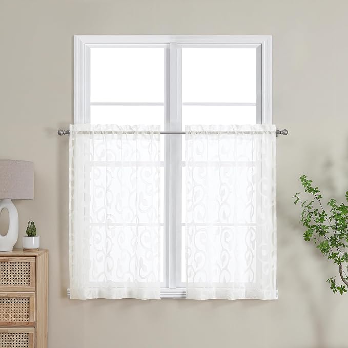 Furman Ivory Sheer Kitchen Curtains Tiers 36 inch Length, Light Filtering Soft - Image 2