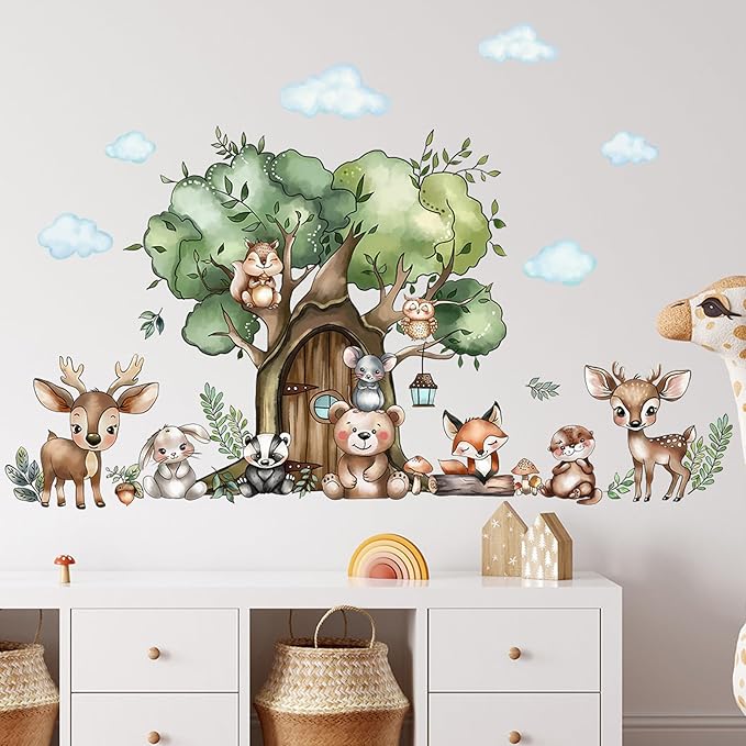 Jungle Animal Wall Stickers Forest Safari Wall Decals Kid Room Nursery Baby Bedroom Décor (Tree House Animals)