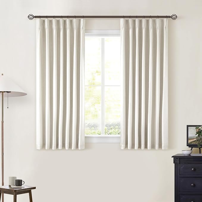Cream Pleated 100% Blackout Linen Short 45 Inch Curtains 2 Layers Natural | - Image 7