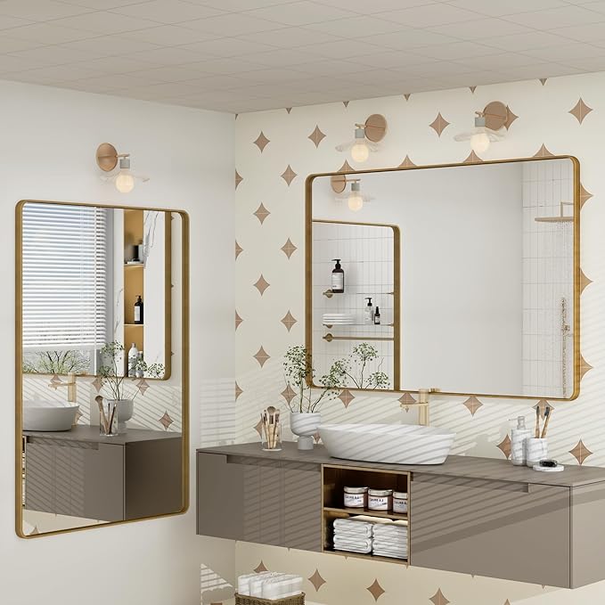 50x40 Inch Gold Bathroom Mirror, Rounded Rectangle Gold Frame Mirror, Brushed Gold Brass Bathroom Vanity Mirror Wall-Mounted, Anti-Rust, Hangs Horizontally or Vertically