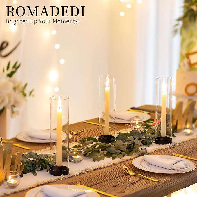 Romadedi Candlestick Candle Holders Hurricane Glass - 12 Inch Clear Black Taper Candle Holders for Table Centerpiece Wedding Party Birthday Christmas Decor Home Decorations, Set of 2