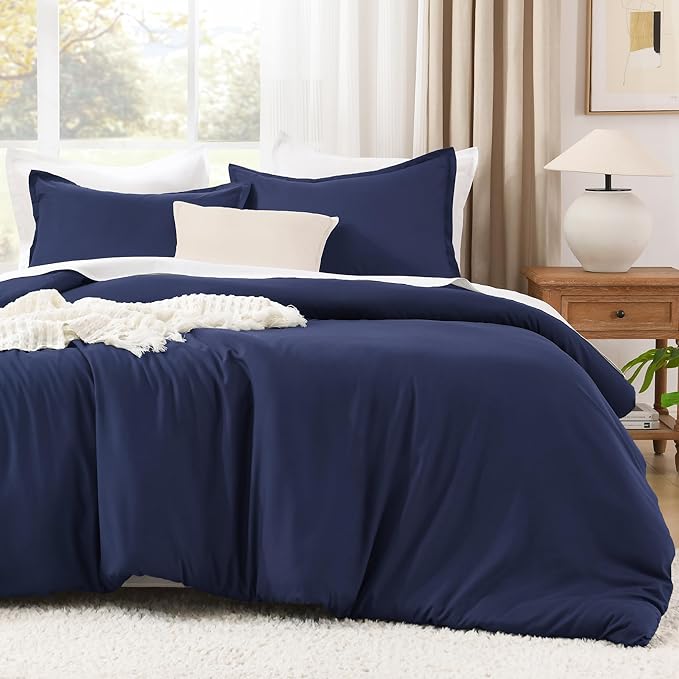 Litanika Comforters Navy Blue Oversized Queen Size, 3 Pieces Lightweight Solid Bedding Set & Collections, All Season Fluffy Bed Set (98x98In Comforter & 2 Pillowcases)