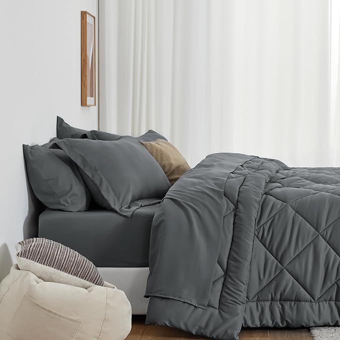Love's cabin Twin Comforter Set Dark Grey, 5 Pieces Twin Bed in a Bag, All Season Bedding Sets with 1 Comforter, 1 Flat Sheet, 1 Fitted Sheet, 1 Pillowcase and 1 Pillow Sham