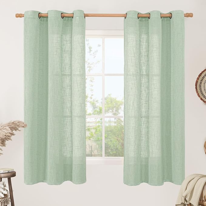 Fresh Green Linen Sheer Curtains 63 Inch Length by LAMIT