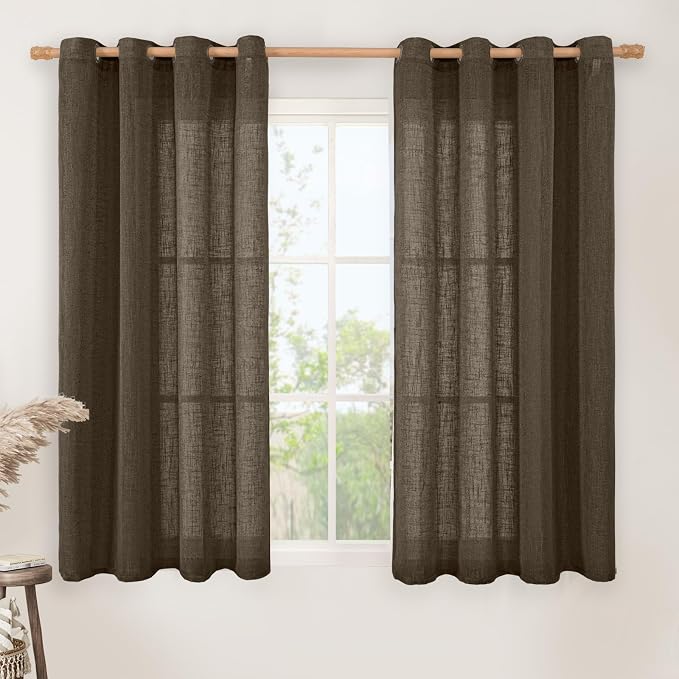 Dark Brown Linen Sheer Curtains 54 Inch Length 2 Panels, Short Linen Textured by LAMIT