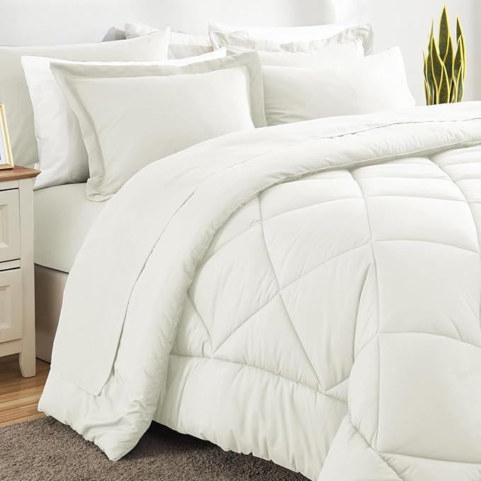 CozyLux Queen Comforter Set Ivory - Bed in a Bag Queen Size 7 Pieces, Luxury Soft Bed Set for All Seasons, Bedding Set with Down Alternative Comforter, Sheets, Pillowcases & Shams