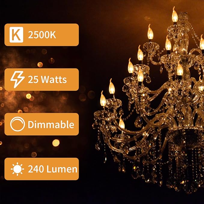 12-Pack E12 Candle Light Bulbs 25W Warm White 2500K, 240 Lumen Dimmable Chandelier Light Bulbs for Ceiling Fan, Pendants or Outdoor, CA10 Clear Candelabra Base Bulbs