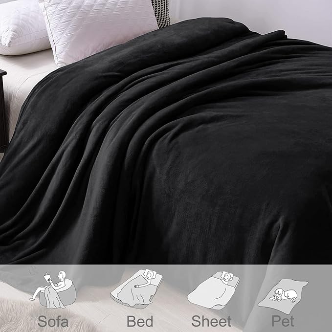 Exclusivo Mezcla Fleece Blanket Queen Size for Bed, Super Soft and Warm, All Season Use, Cozy, Plush, Lightweight, 90x90 Inches, Black