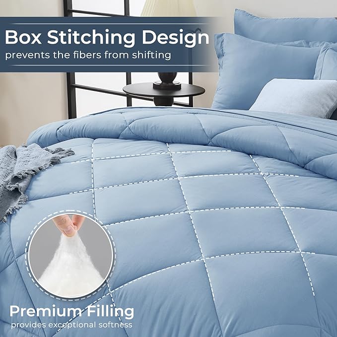 HEVUMYI Light Blue King Comforter Set - 7-Piece All Season Bed in a Bag King, Ultra Soft Bedding Set with Comforter, Flat Sheet, Fitted Sheet, Pillowcases, Pillow Shams