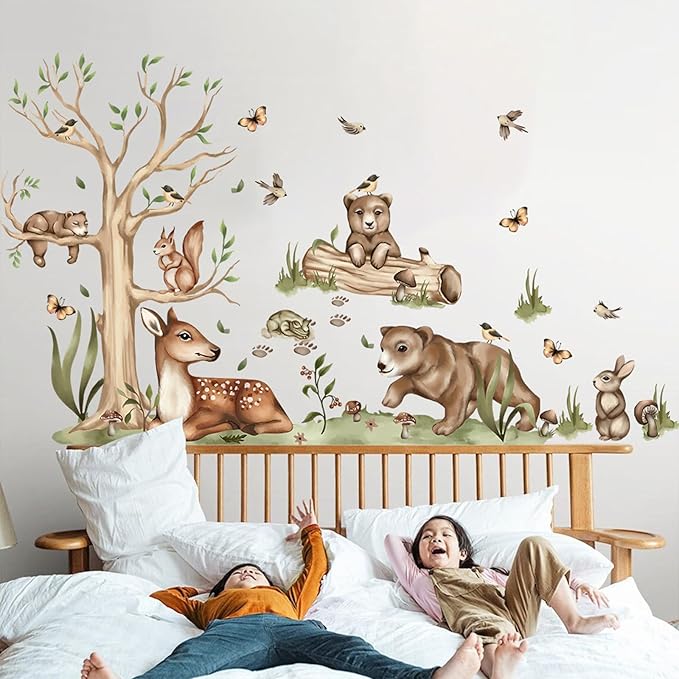 Jungle Animal Wall Stickers Forest Safari Wall Decals Kid Room Nursery Baby Bedroom Décor (Bear Spotted Deer Tree)