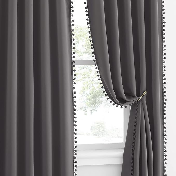 NICETOWN 2 Panels Blackout Curtains, Rod Pocket Pom Pom Curtains Panels by NICETOWN