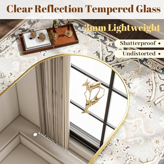 VooBang Wide Arched Wall Mirror, 38 x 40 inch Arch Bathroom Mirror, Wall Mounted Vanity Mirror with Arch Metal Frame, Modern Bathroom Vanity Mirror for Bedroom, Living Room, Hanging or Leaning, Gold