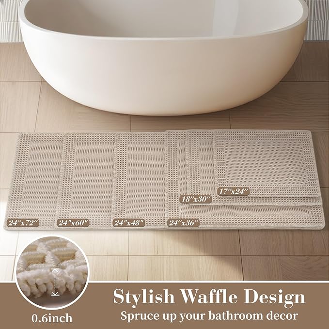 RESARE Waffle Bathroom Runner Rugs, Non Slip Boho Bath Mat 24x48 Pale Beige | - Image 5