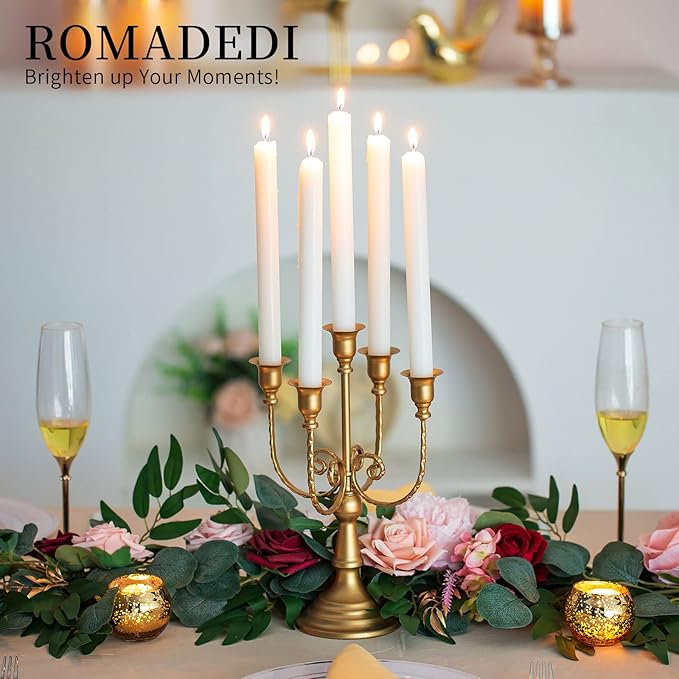 Romadedi Candelabra Gold Candle Holders - 5 Arm 11.8" Wedding Candlestick Holder for Theme Party Table Centrepiece Decor Dining Room Birthday Holiday Christmas