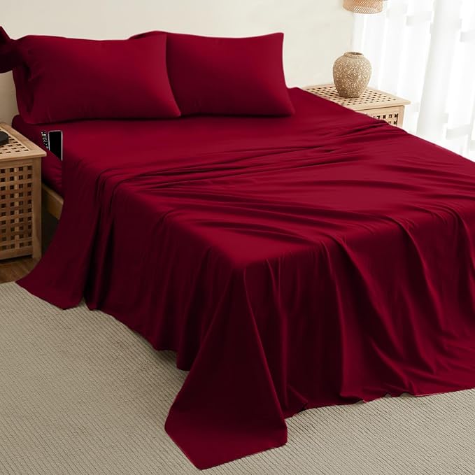 DREAMCARE Full Size Cooling Sheets - 4pcs Set - Soft & Long Lasting 100% Fine Brushed Polyester with Side Pocket - Burgundy