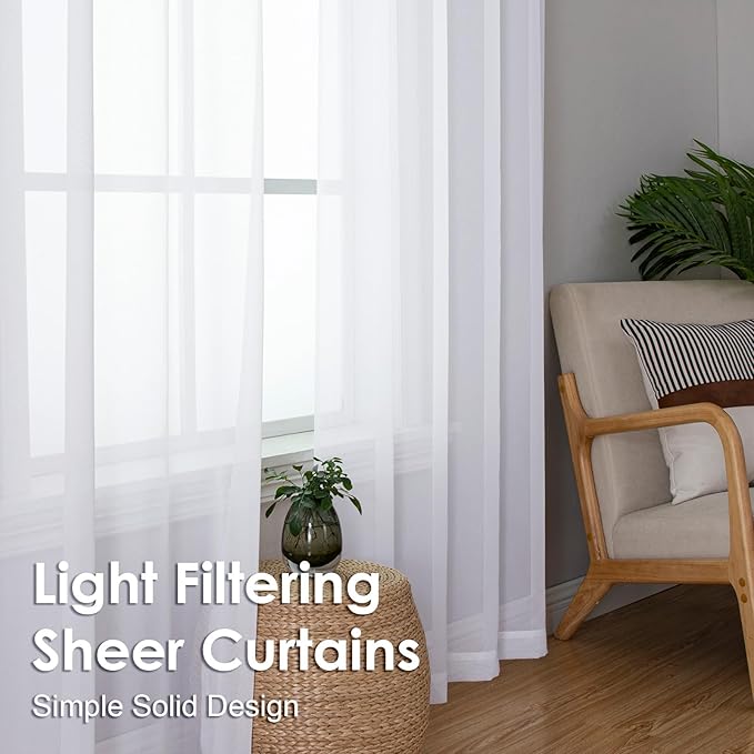 White Sheer Curtains 45 Inch Long 2 Panels, Rod Pocket Voile Drapes - Image 6