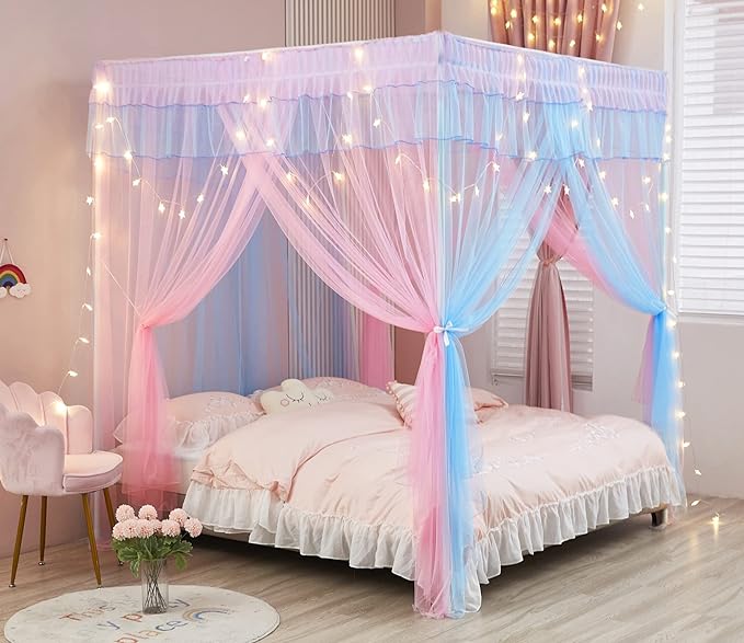 Mengersi Rainbow Canopy Bed Curtains with Lights - Princess Bed Canopy for Girls - Bed Drapes Netting- Bedroom Decoration Accessories,Queen