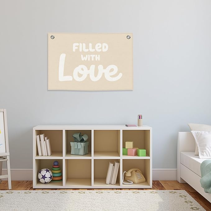 Nursery Kids Banner Canvas, Boho Beige Toddler Room Decor, Filled with Love Hanging Flag Sign, Inspirational Wall Tapestry Art for Baby Shower Classroom Playroom Bedroom Decor 20x30in