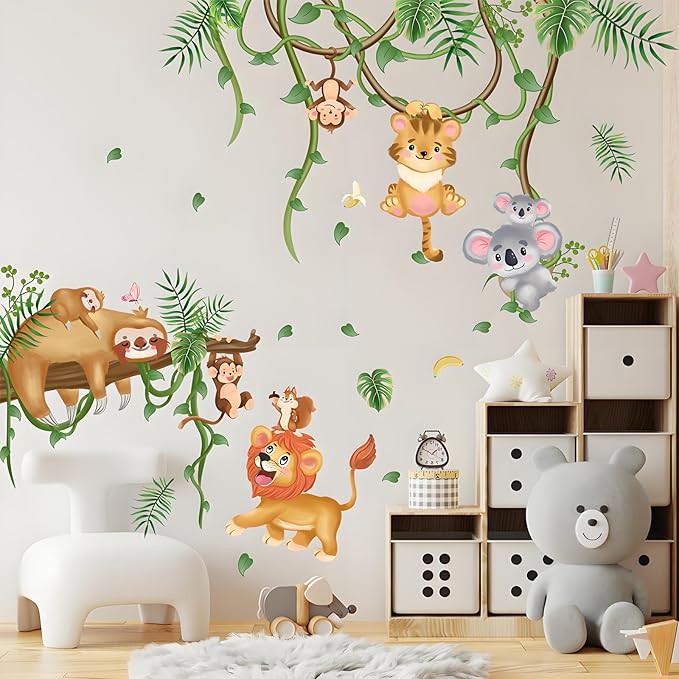 Jungle Animal Wall Stickers Sloth Koala Lion Tiger Safari Wall Decals Kid Room Nursery Baby Bedroom Décor
