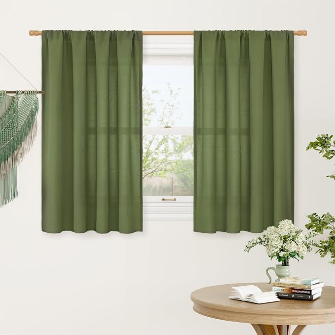 Short Olive Green Linen Curtains 48 Inch by LAMIT