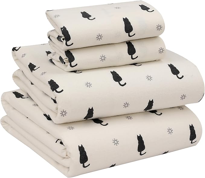 RUVANTI Flannel Sheets Full Size - 100% Cotton Double Brushed Bed Sheets Set, Deep Pockets 16 Inches, All Seasons Breathable & Extra Soft Full Sheets, Warm & Cozy, 4 Piece, Black Cat
