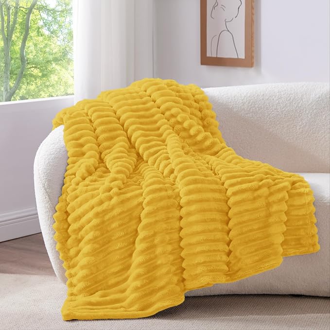 BEDELITE Striped Fleece Throw Blanket, Light Yellow, Soft Cozy, Lightweight Warm - Image 2