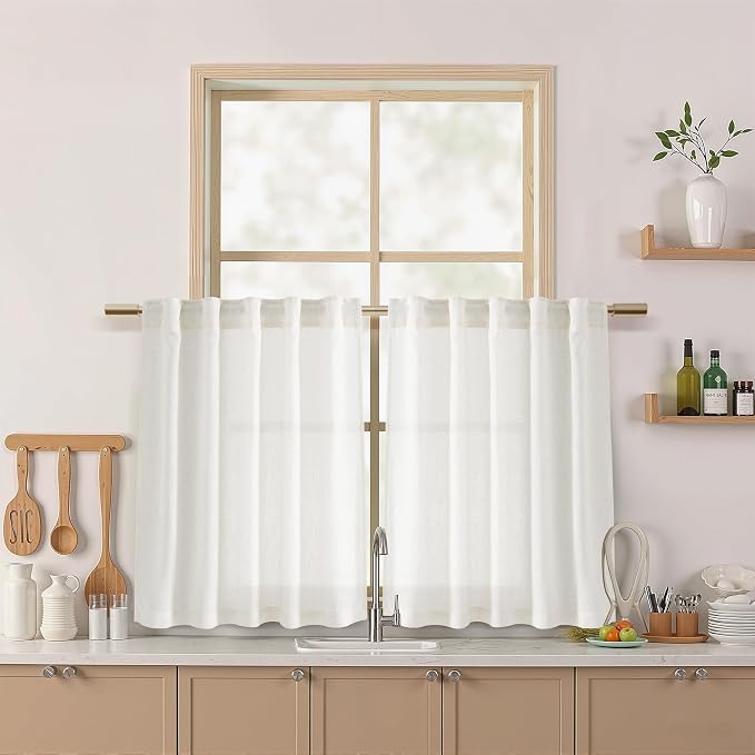 24 Inch Linen Curtains for Kitchen Beige White Small Window Semi Sheer Curtains by Nanspring