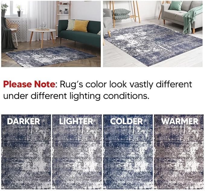 Keen Home Design Area Rugs - 6x9 Non-Shedding, Abstract Rugs for Kitchen, Living Room, Bedroom, Dining Room, Entryway - Size: 5'11" x 9'2", Navy/Grey/White