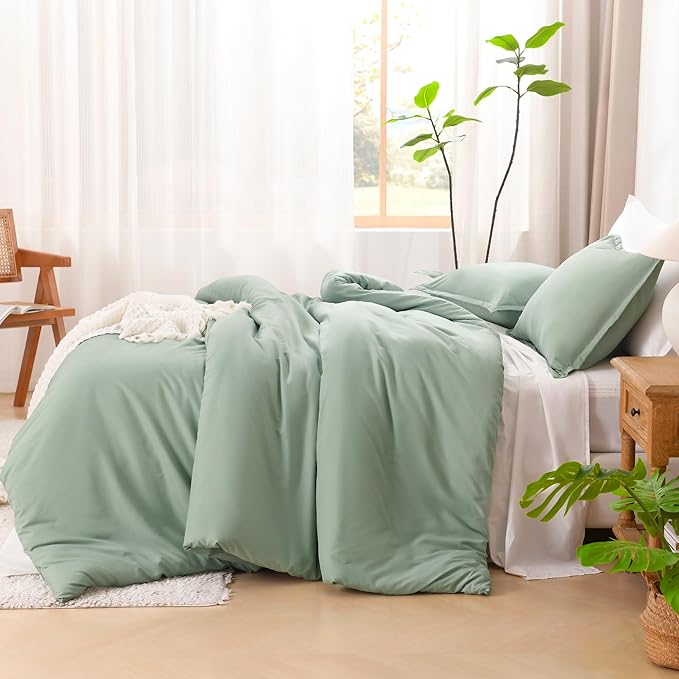Litanika Oversized Queen Comforter Set, 3 Pieces Sage Green Lightweight Solid Bedding Comforter Set, All Season Fluffy Bed Set (98x98In Comforter & 2 Pillowcases)
