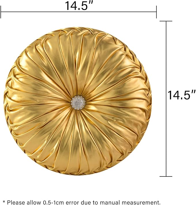 HIG Set of 2 Gold Metallic Leather Decorative Round Pleated Throw Pillows | - Image 5